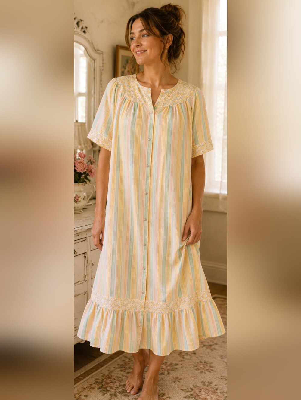 Vintage Tommie's Pastel Stripe House Dress Muumuu Lounge Dress Farmhouse Chic